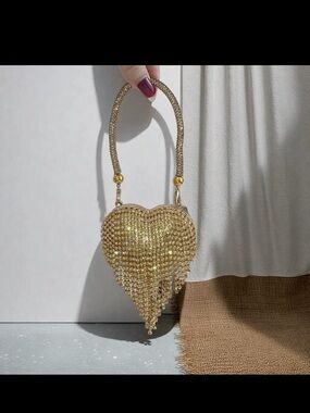 Gold Heart Crystal Fringe Evening Bag